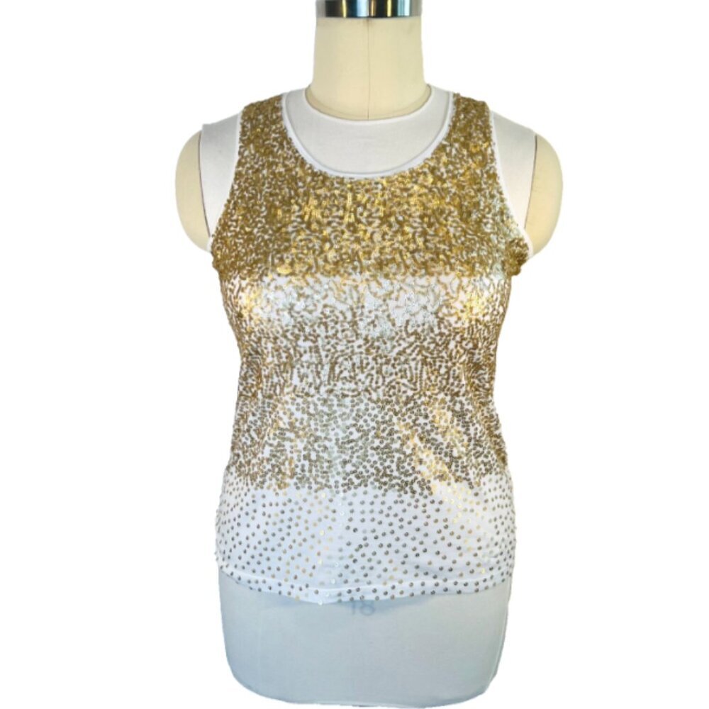 Chico's Women's L Tank Top Round Neck White with Mini Gold Sequins in Ombre